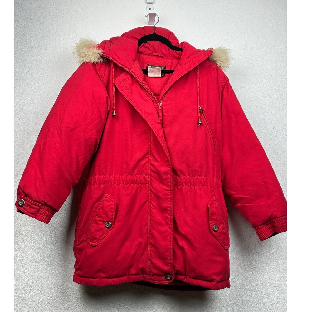 Eddie Bauer Red Down Parka - M - Goose Down Coyote Fur Trim Gorpcore Vintage